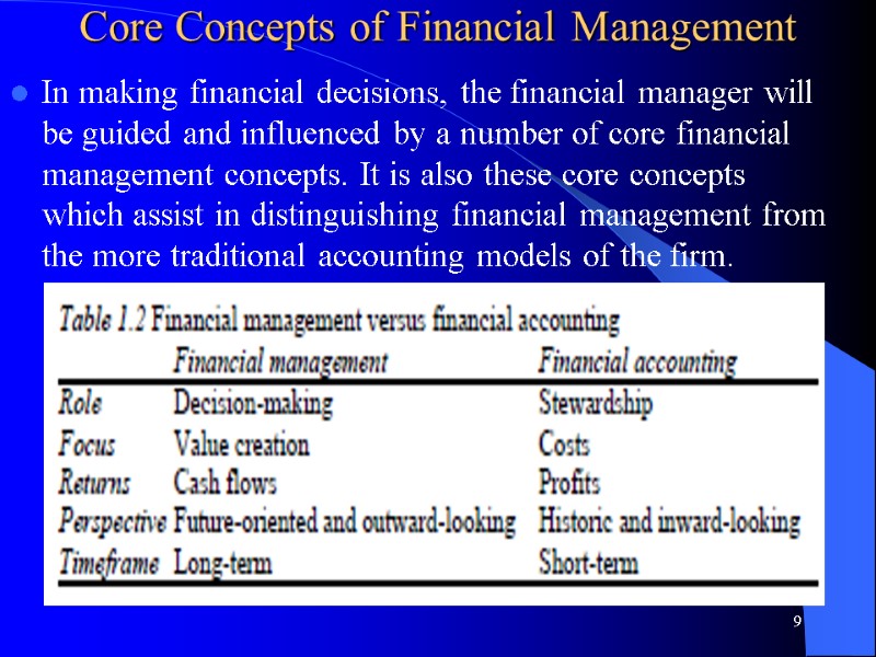 Core Concepts of Financial Management  In making financial decisions, the financial manager will
